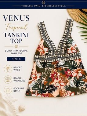 Venus Tropical Tankini Top Size 8 Boho Trim Floral Swim NWOT